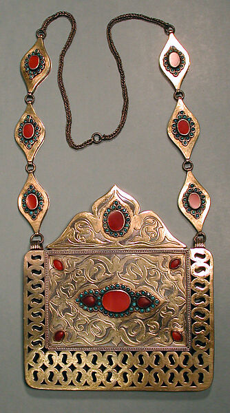 Amulet Holder, Silver; fire-gilded and chased, with openwork, chains, table-cut carnelians, and turquoise beads