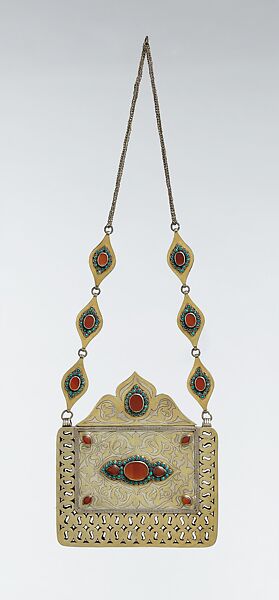 Amulet Holder, Silver; fire-gilded and chased, with openwork, chains, table-cut carnelians, and turquoise beads 