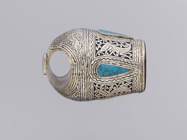 Ring, Silver; chased, with vegetal and animal motifs, openwork, and inset turquoises 