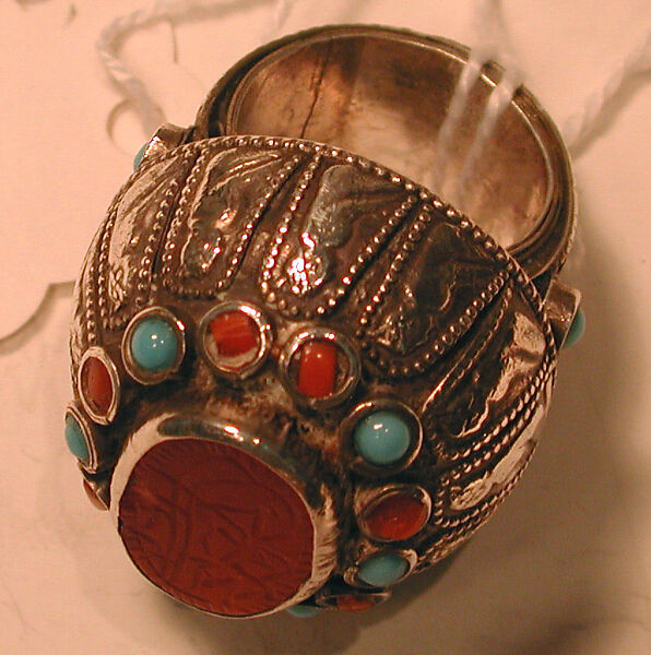 Seal Ring, Silver, with decorative wire, stamped beading, glass and turquoise beads, and incised table-cut carnelian