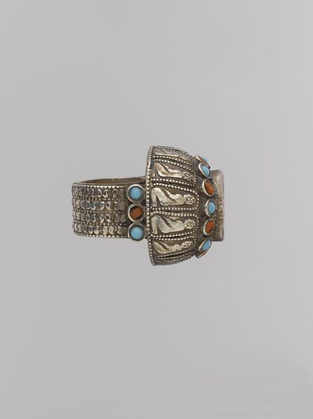 Seal Ring, Silver, with decorative wire, stamped beading, glass and turquoise beads, and incised table-cut carnelian