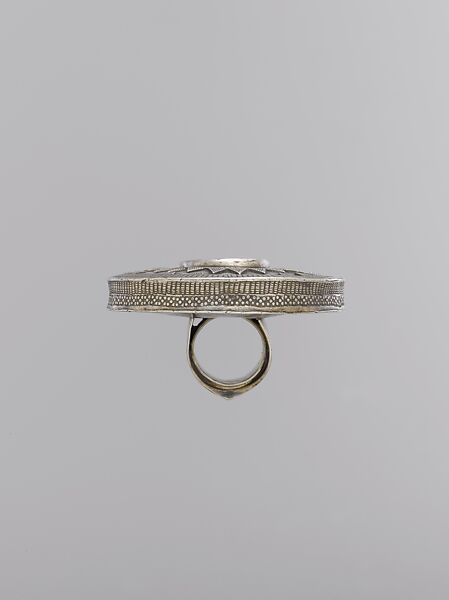 Ring, Silver, fire-gilded, with stamped beading, decorative wire, and glass inlays backed with fabric, lacquer, or paper