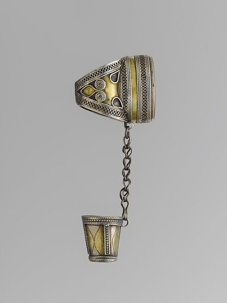 Ring and Thimble, Silver, fire-gilded and chased, with decorative wire, table-cut carnelian, loop-in-loop chain, and attached thimble