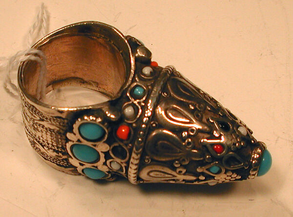 Ring, Silver, with stamped and applied decoration, silver shot, decorative wire, and synthetic resin, glass, and turquoise beads
