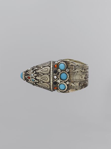 Ring, Silver, with stamped and applied decoration, silver shot, decorative wire, and synthetic resin, glass, and turquoise beads 