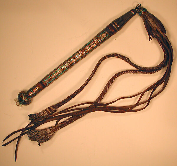 Royal Whip and Goad, Silver; fire-gilded with applied decoration, decorative wire, and, turquoise beads on a wood base with leather extensions