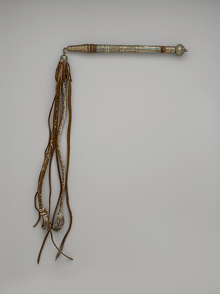 Royal Whip and Goad, Silver; fire-gilded with applied decoration, decorative wire, and, turquoise beads on a wood base with leather extensions