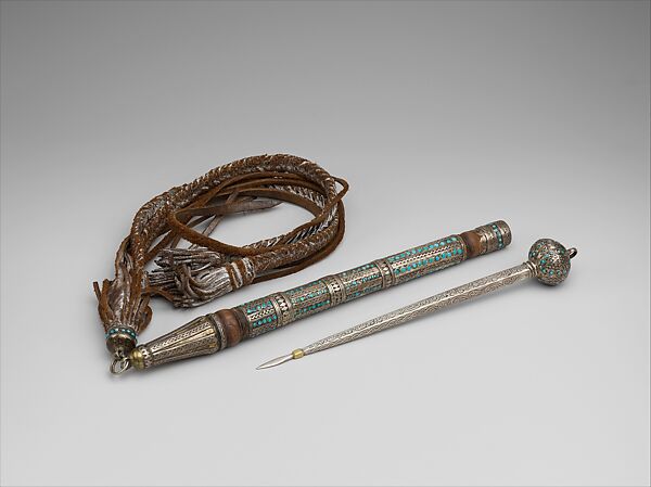 Royal Whip and Goad, Silver; fire-gilded with applied decoration, decorative wire, and, turquoise beads on a wood base with leather extensions