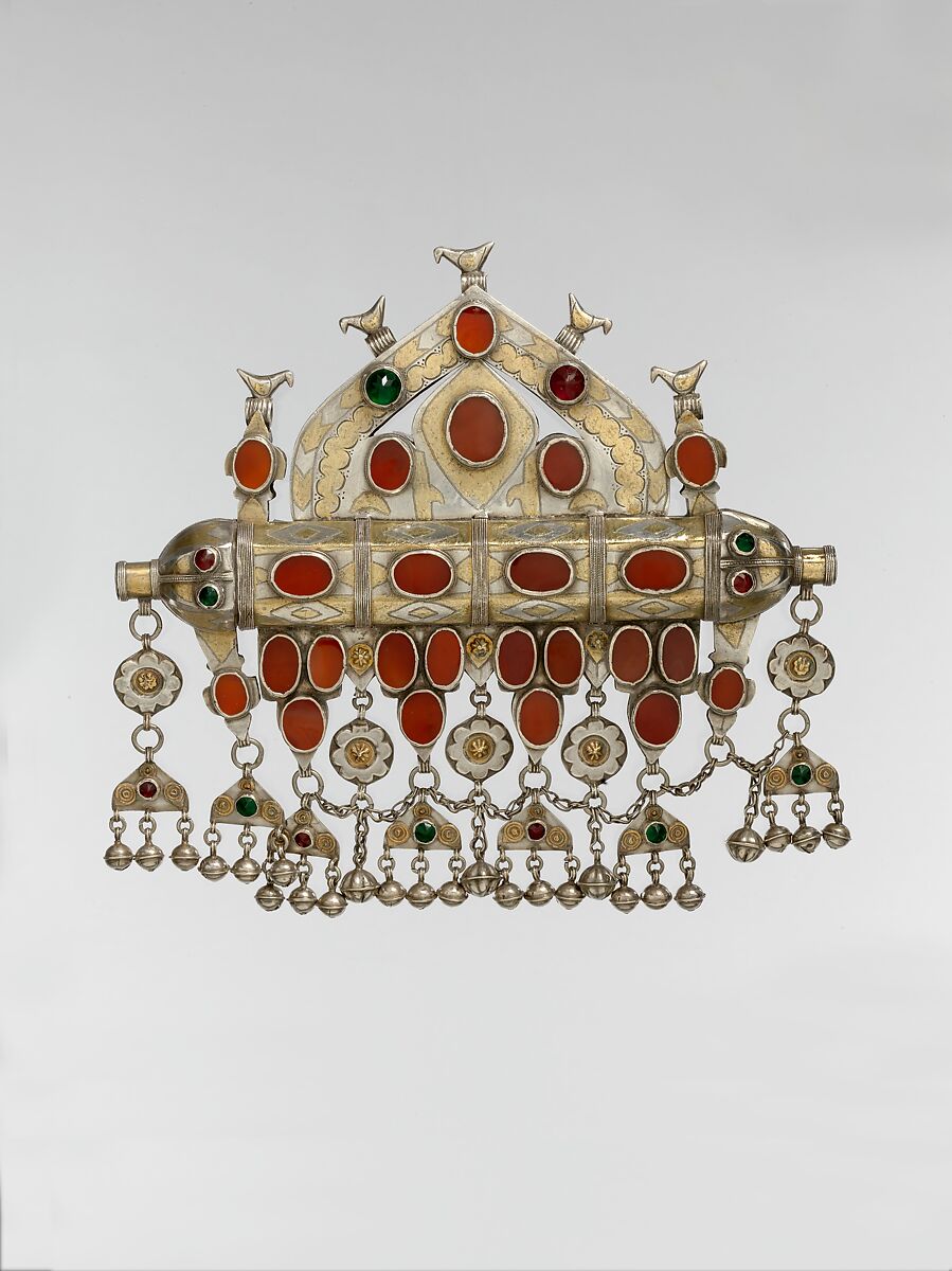 Triangular Amulet Holder, Silver; fire-gilded and chased, with decorative wire, applied decoration, pendants, loop-in-loop chains, spherical bells, table-cut carnelians, and faceted stones 