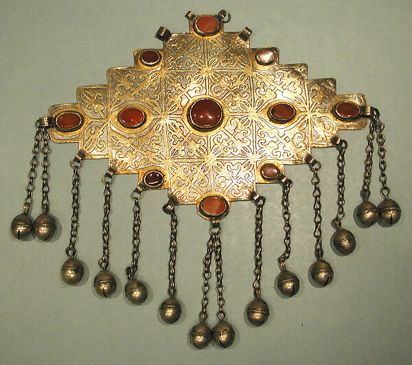 Gul-Shaped Pectoral Ornament, Silver; fire-gilded and engraved/punched decoration with table cut carnelians, silver link chains and spherical bead/bells