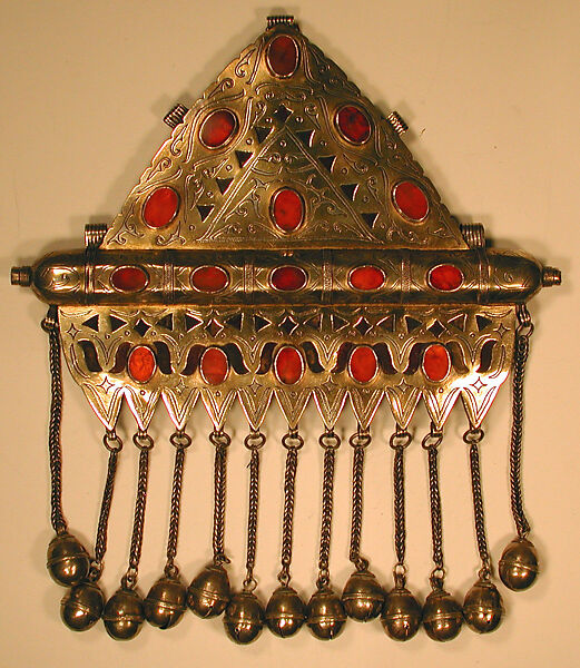 Triangular Amulet Holder, Silver; fire gilded and chased, with decorative wire, table cut carnelians, wire chains, and bells
