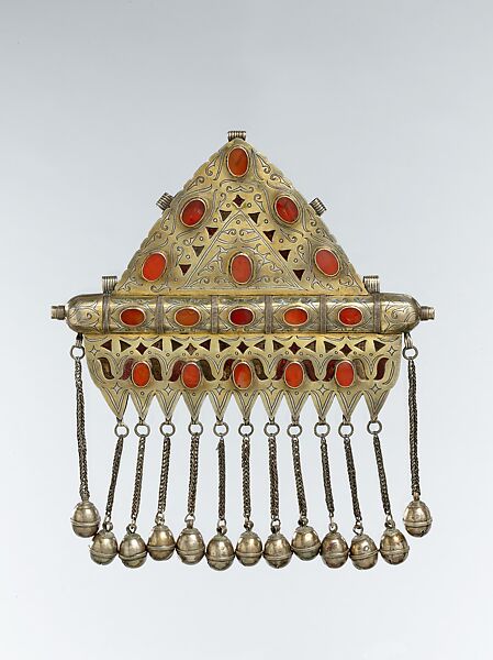 Triangular Amulet Holder, Silver; fire gilded and chased, with decorative wire, table cut carnelians, wire chains, and bells 