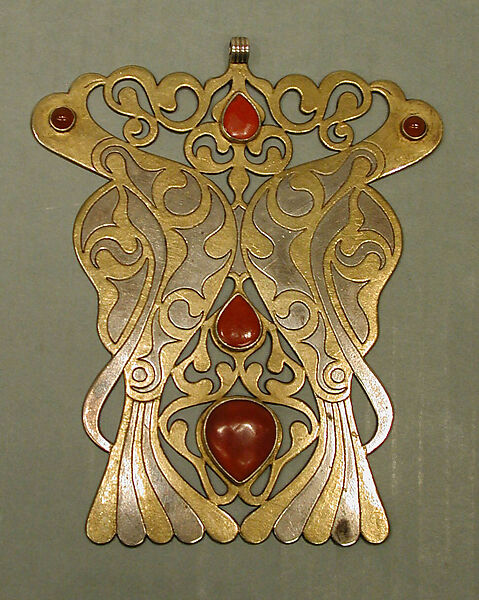 Pectoral Ornament, Silver; fire-gilded and chased, with openwork and table-cut and slightly domed and cabochon carnelians