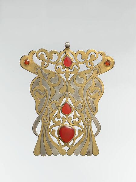 Pectoral Ornament, Silver; fire-gilded and chased, with openwork and table-cut and slightly domed and cabochon carnelians 