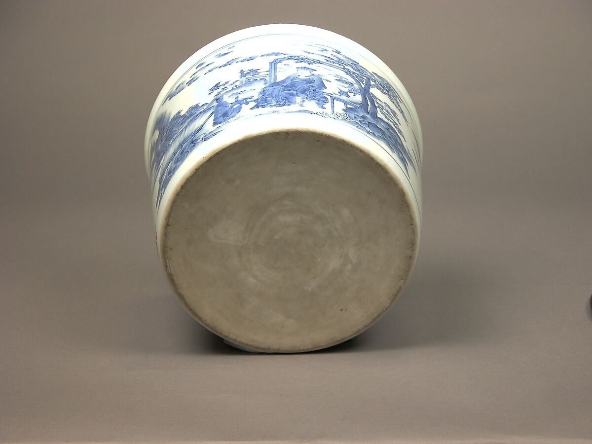 Water Jar with Chinese Scholars, Porcelain with underglaze blue; lacquer cover with porcelain knob (Hirado ware), Japan