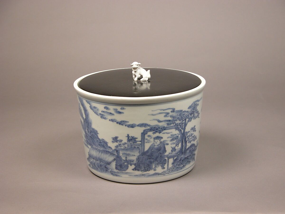 Water Jar with Chinese Scholars, Porcelain with underglaze blue; lacquer cover with porcelain knob (Hirado ware), Japan 