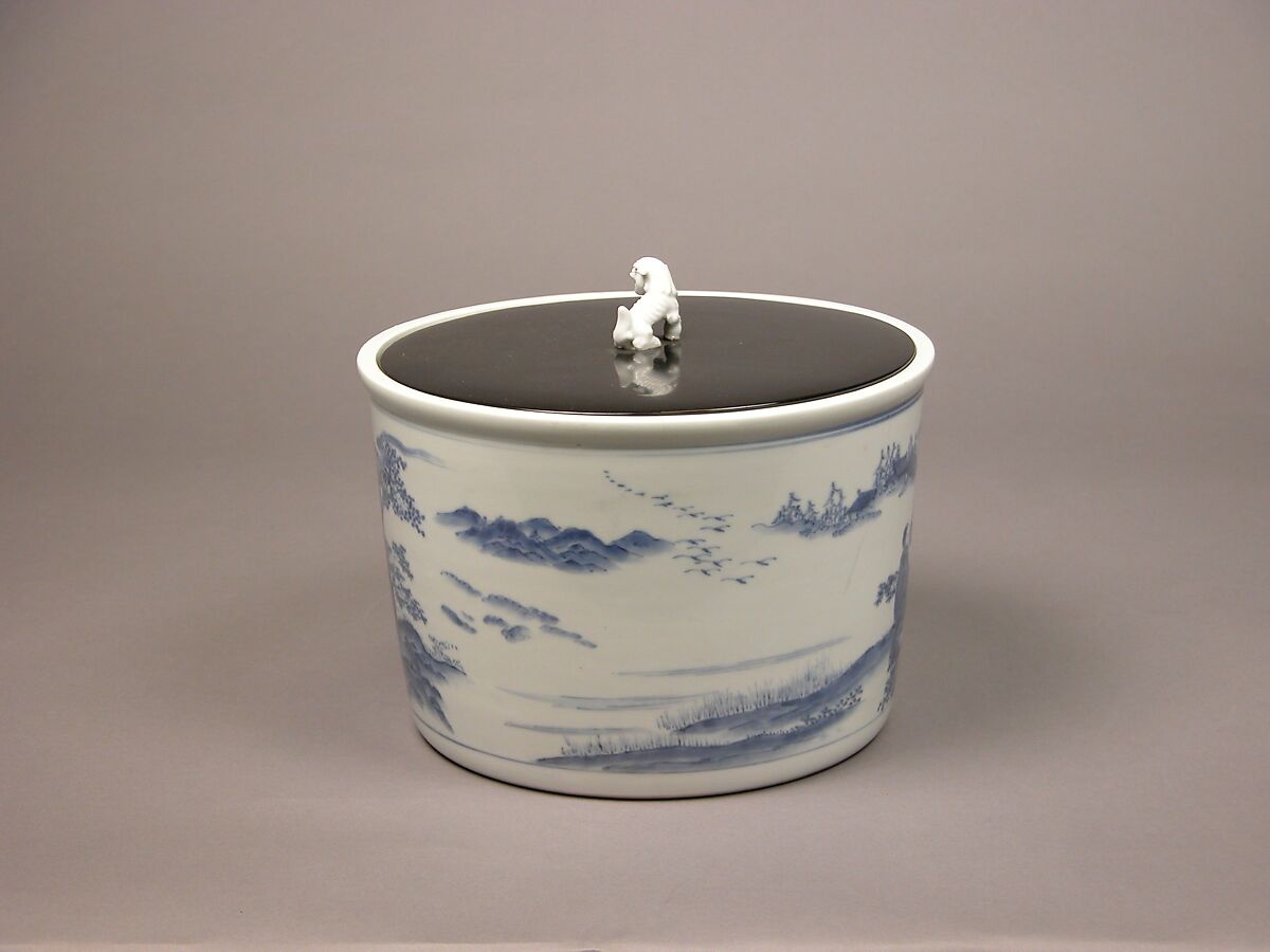 Water Jar with Chinese Scholars, Porcelain with underglaze blue; lacquer cover with porcelain knob (Hirado ware), Japan