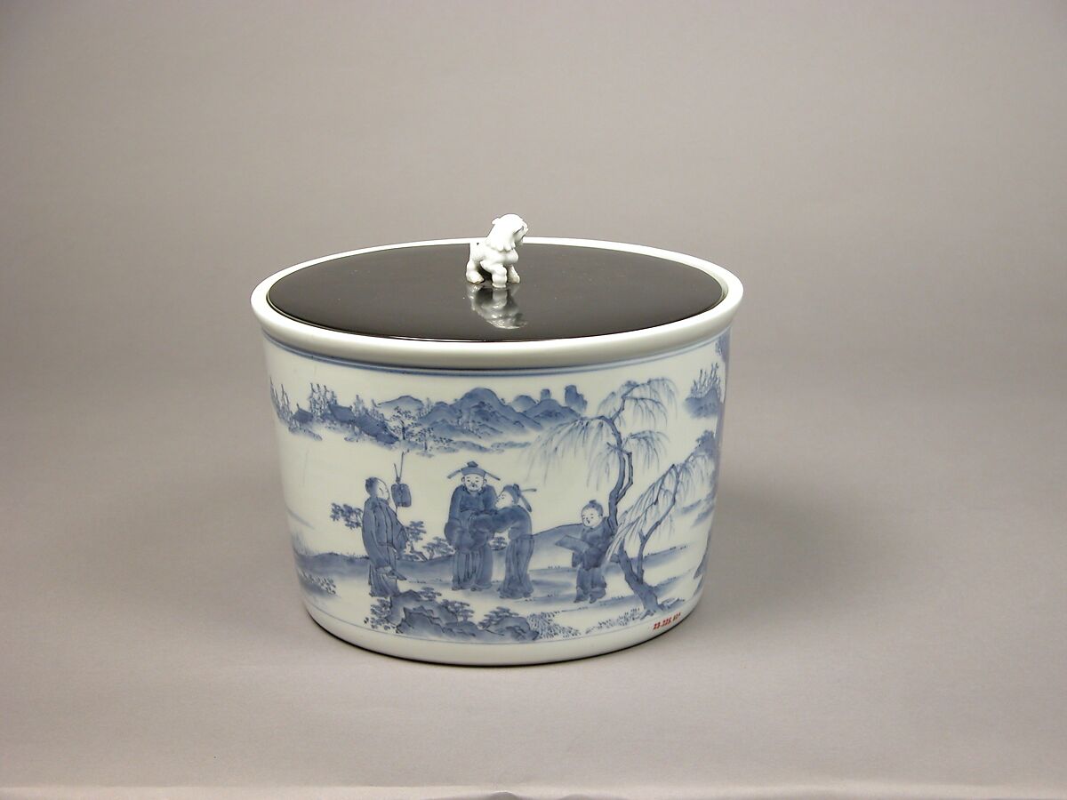 Water Jar with Chinese Scholars, Porcelain with underglaze blue; lacquer cover with porcelain knob (Hirado ware), Japan