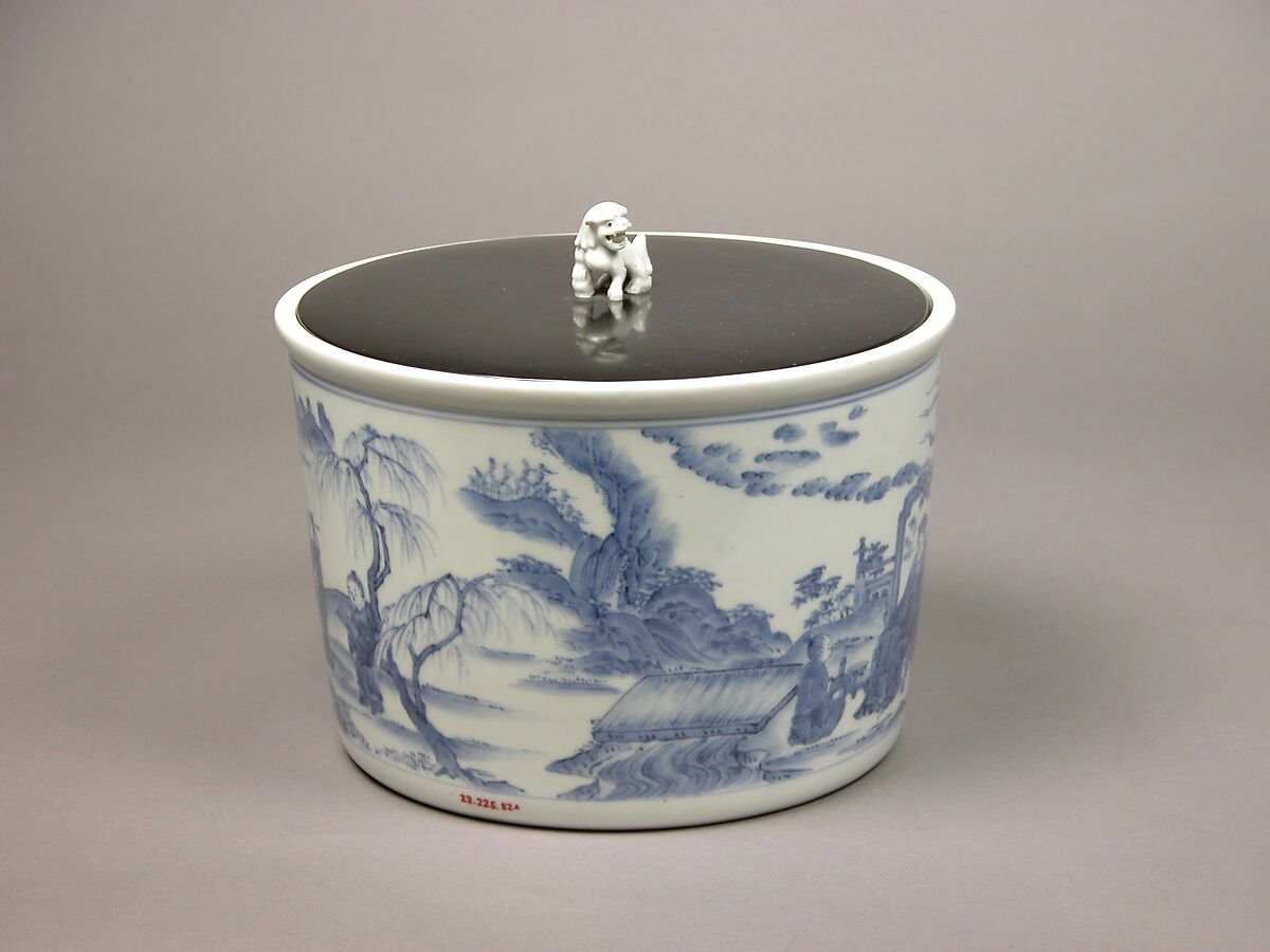 Water Jar with Chinese Scholars, Porcelain with underglaze blue; lacquer cover with porcelain knob (Hirado ware), Japan
