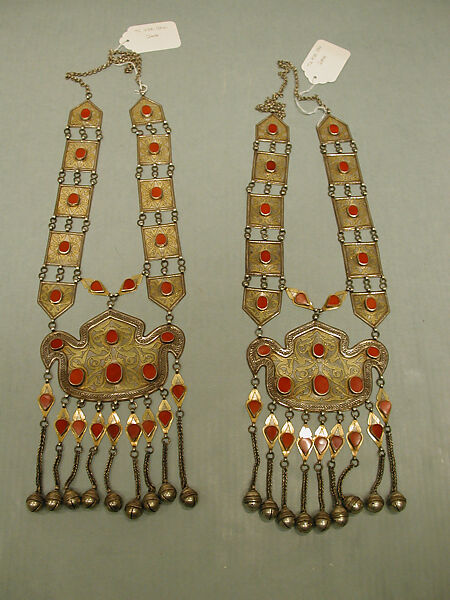 Ornament Worn Laterally, One of a Pair, Silver; fire-gilded and chased, with decorative wire, loop-in-loop chains, bells, and table-cut carnelians