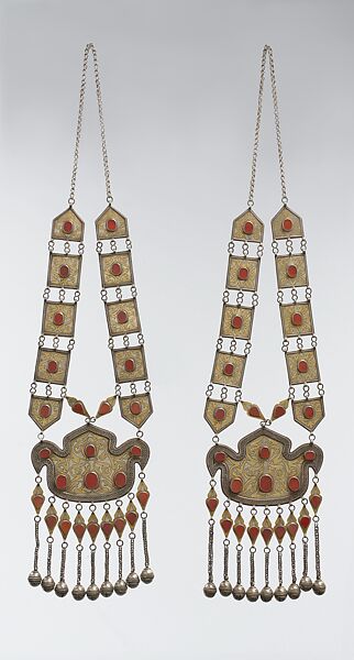 Ornament Worn Laterally, One of a Pair, Silver; fire-gilded and chased, with decorative wire, loop-in-loop chains, bells, and table-cut carnelians 