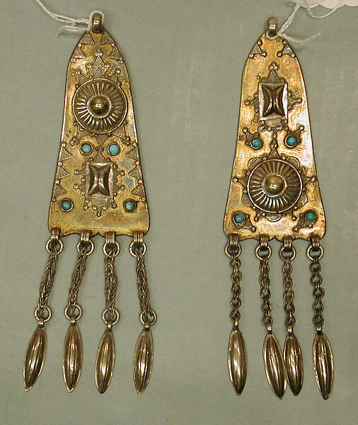 Short Temple Pendant, One of a Pair, Silver; fire-gilded, with stamped beading, silver shot, applied decoration, chains, embossed pendants, and turquoise beads