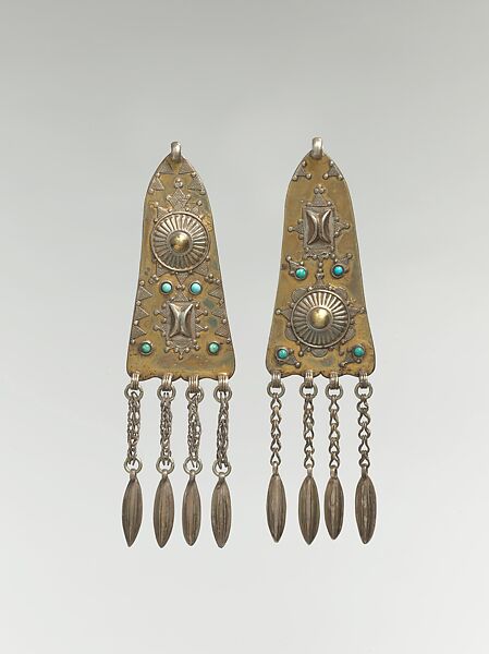 Short Temple Pendant, One of a Pair, Silver; fire-gilded, with stamped beading, silver shot, applied decoration, chains, embossed pendants, and turquoise beads 