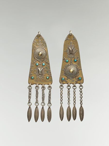 Short Temple Pendant, One of a Pair, Silver; fire-gilded, with stamped beading, silver shot, applied decoration, chains, embossed pendants, and turquoise beads