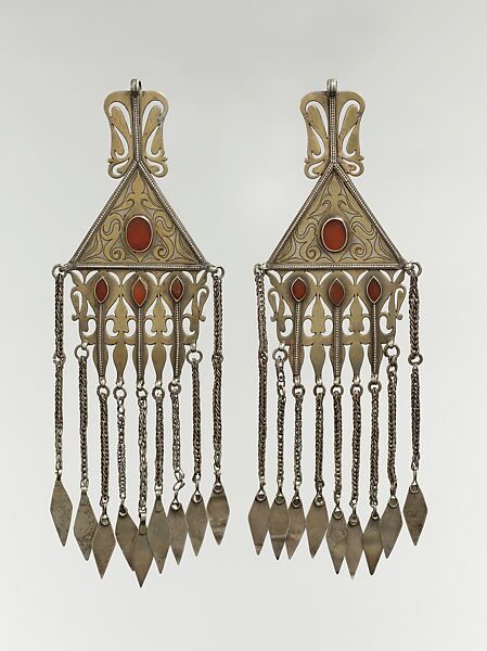 Temple Pendant, Silver; fire-gilded, carnelians, and engraved/punched openwork decoration 