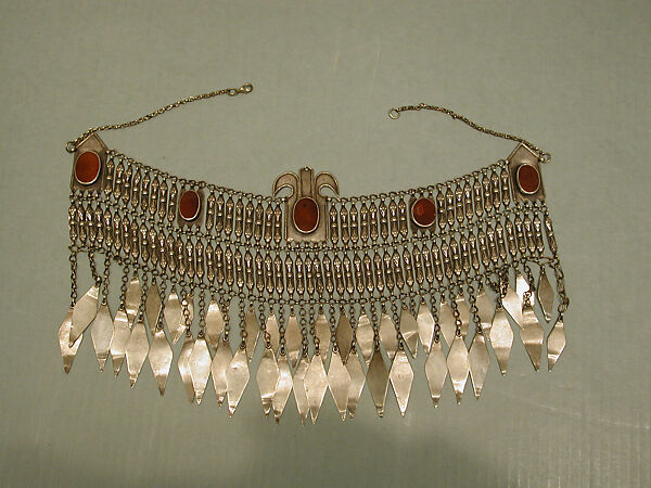 Headband, Silver embossed plated chains and pendants with table cut carnelians.