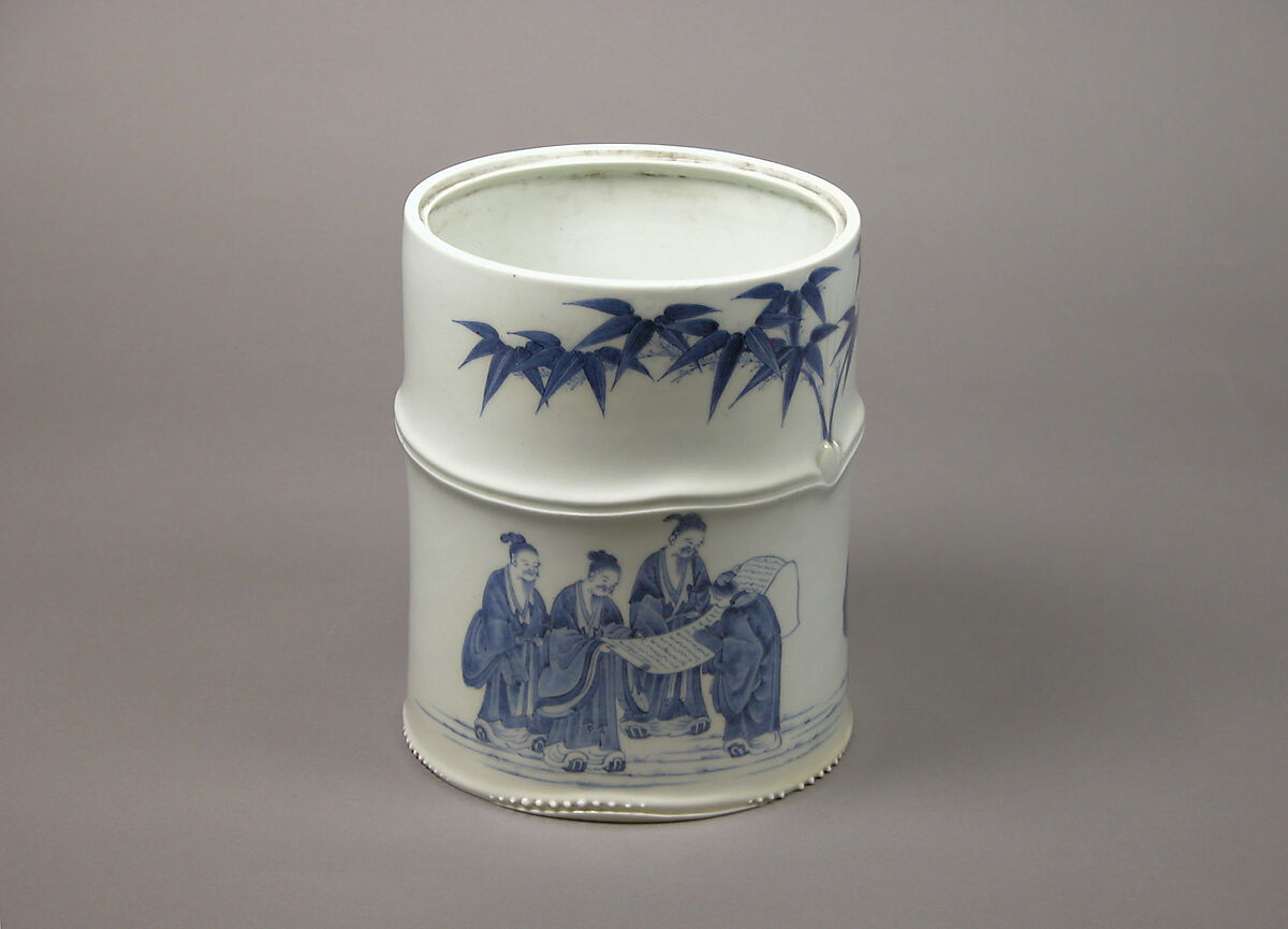 Water Jar (Mizusashi) with the Seven Sages of the Bamboo Grove, Porcelain painted with cobalt blue under a transparent glaze; lacquer cover (Hirado ware), Japan 