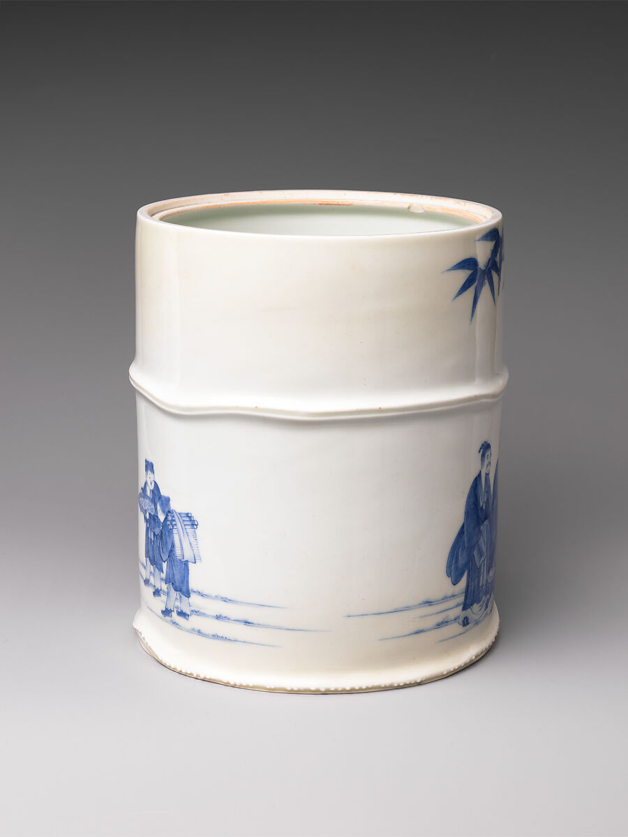 Freshwater Jar (Mizusashi) with the “Seven Sages of the Bamboo Grove”, Porcelain with cobalt blue under transparent glaze; lacquer cover with porcelain knob (Hirado ware), Japan