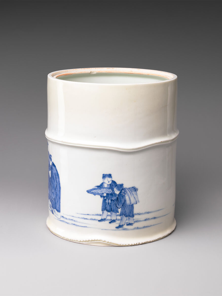 Freshwater Jar (Mizusashi) with the “Seven Sages of the Bamboo Grove”, Porcelain with cobalt blue under transparent glaze; lacquer cover with porcelain knob (Hirado ware), Japan