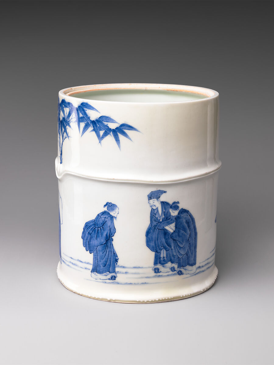 Freshwater Jar (Mizusashi) with the “Seven Sages of the Bamboo Grove”, Porcelain with cobalt blue under transparent glaze; lacquer cover with porcelain knob (Hirado ware), Japan
