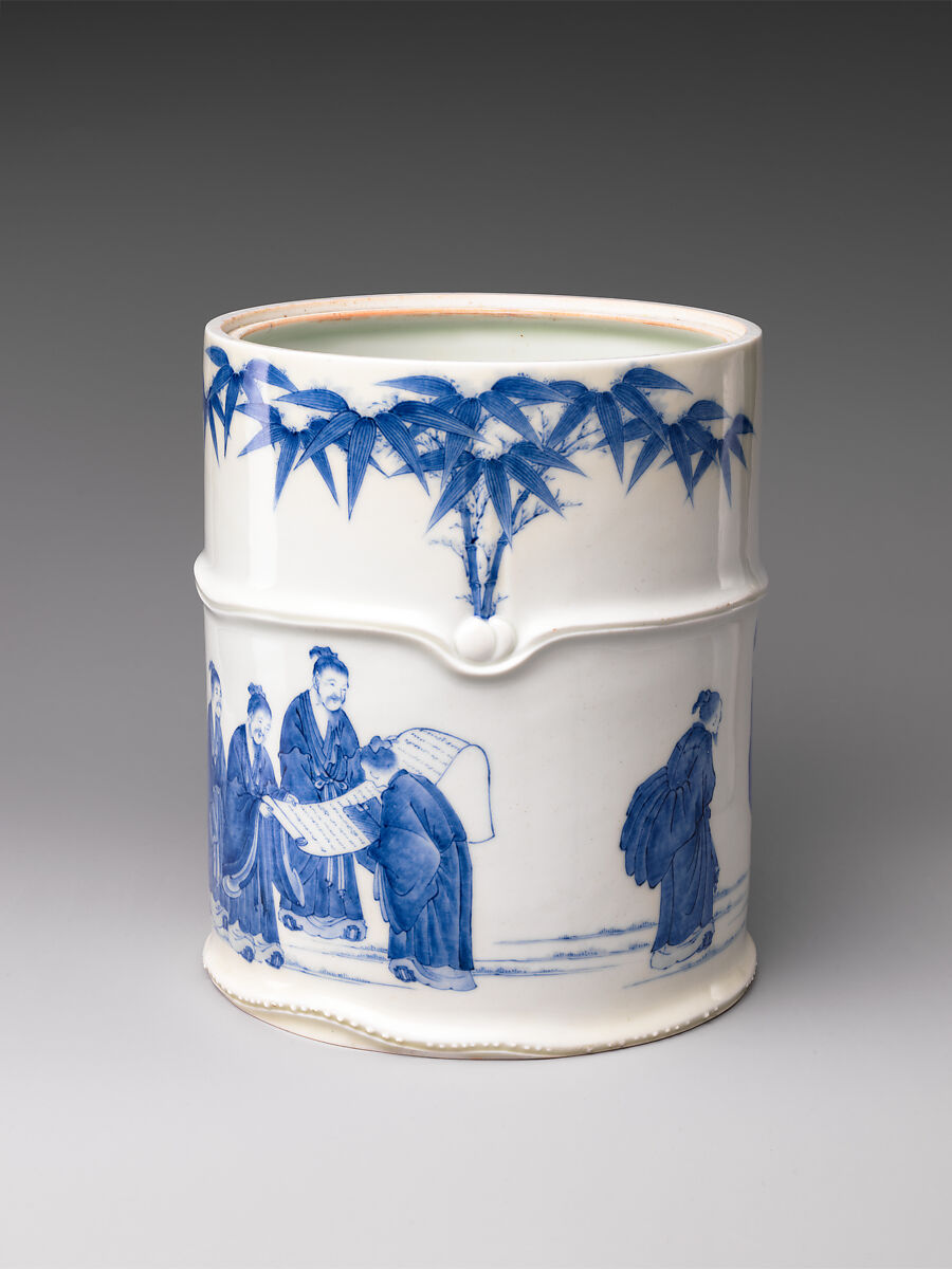 Freshwater Jar (Mizusashi) with the “Seven Sages of the Bamboo Grove”, Porcelain with cobalt blue under transparent glaze; lacquer cover with porcelain knob (Hirado ware), Japan