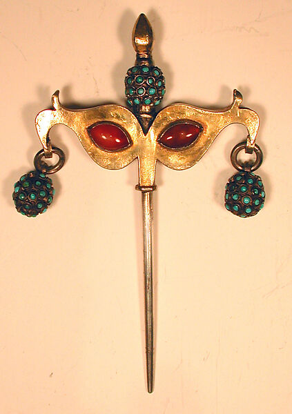 Headdress Ornament, Silver; fire gilded with spherical beads and silver links, cabochon-cut carnelians and turquoise beads