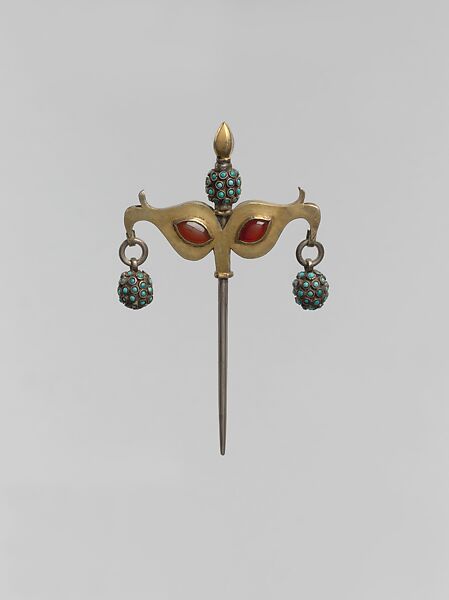 Headdress Ornament, Silver; fire gilded with spherical beads and silver links, cabochon-cut carnelians and turquoise beads 