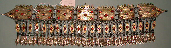 Headband, Silver, fire gilded and twisted silver wire decoration with cabochon cut carnelians, silver wire chains, and embossed pendants.