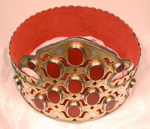 Crown, Silver; fire-gilded and chased, with openwork, decorative wire, and table-cut carnelians; contemporary red cotton lining