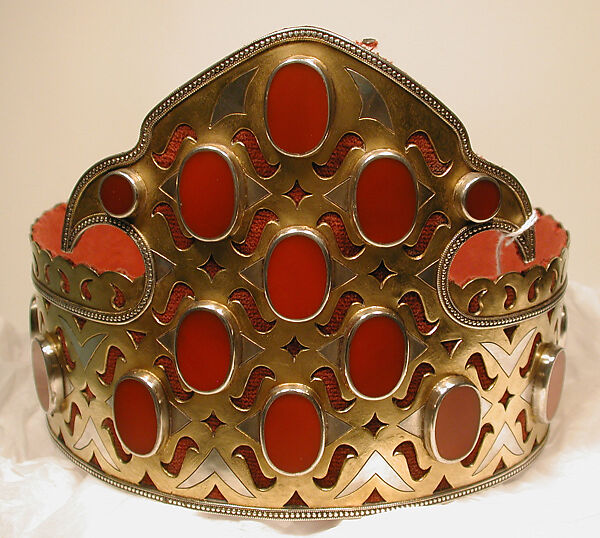 Crown, Silver; fire-gilded and chased, with openwork, decorative wire, and table-cut carnelians; contemporary red cotton lining