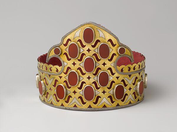 Crown, Silver; fire-gilded and chased, with openwork, decorative wire, and table-cut carnelians; contemporary red cotton lining