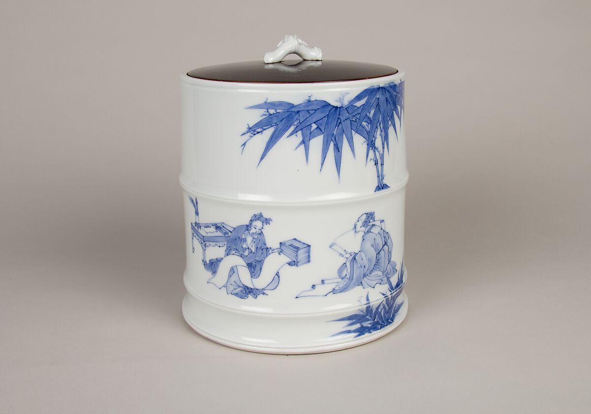 Water Jar (Mizusashi) with the Seven Sages of the Bamboo Grove, Porcelain painted with cobalt blue under a transparent glaze; lacquer cover with porcelain knob (Hirado ware), Japan 