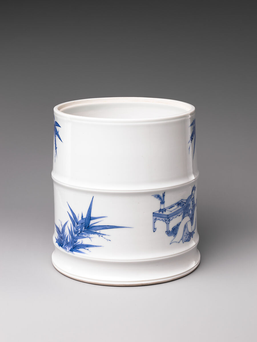 Water Jar (Mizusashi) with the Seven Sages of the Bamboo Grove, Porcelain painted with cobalt blue under a transparent glaze; lacquer cover with porcelain knob (Hirado ware), Japan