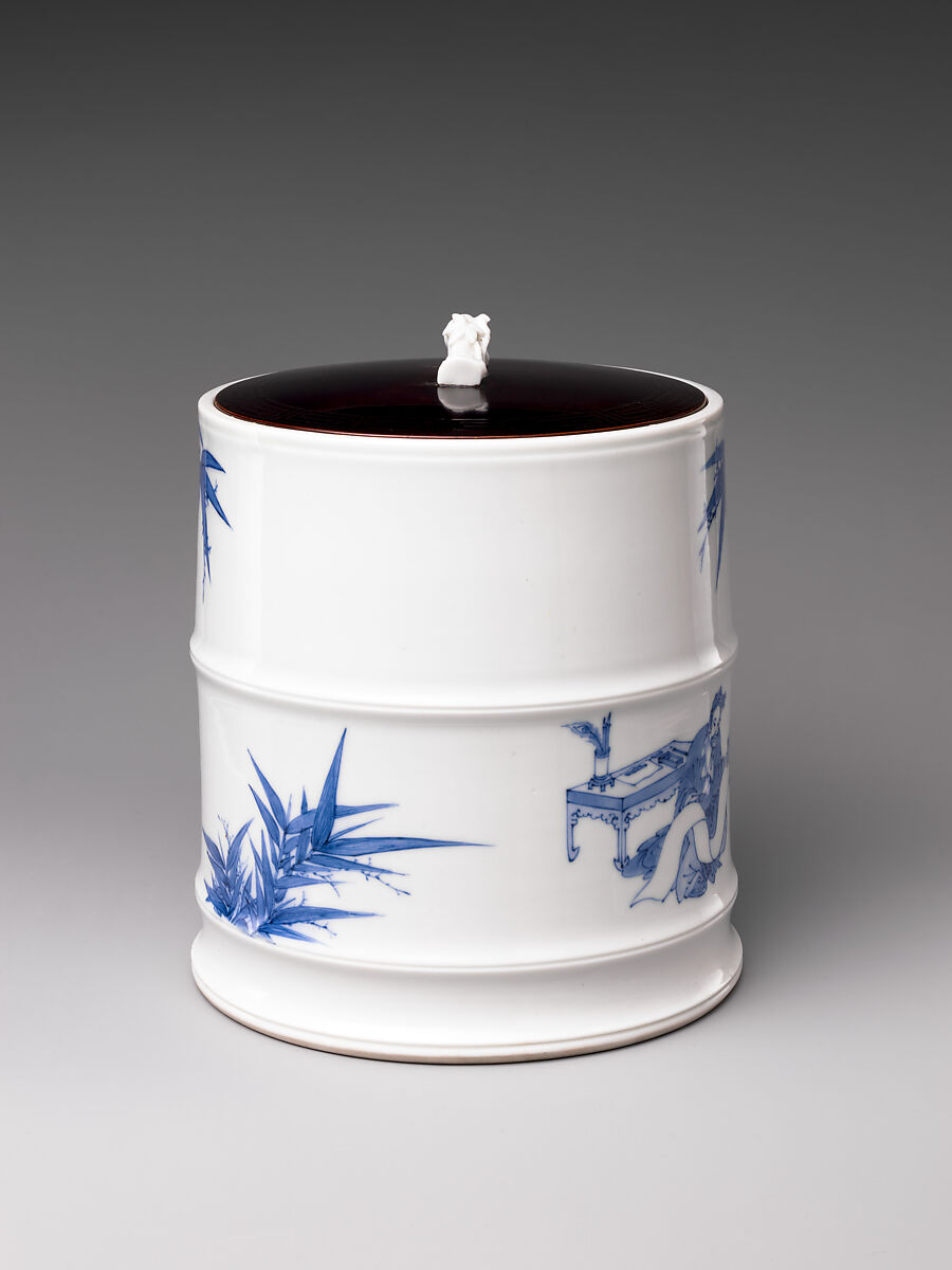 Water Jar (Mizusashi) with the Seven Sages of the Bamboo Grove, Porcelain painted with cobalt blue under a transparent glaze; lacquer cover with porcelain knob (Hirado ware), Japan
