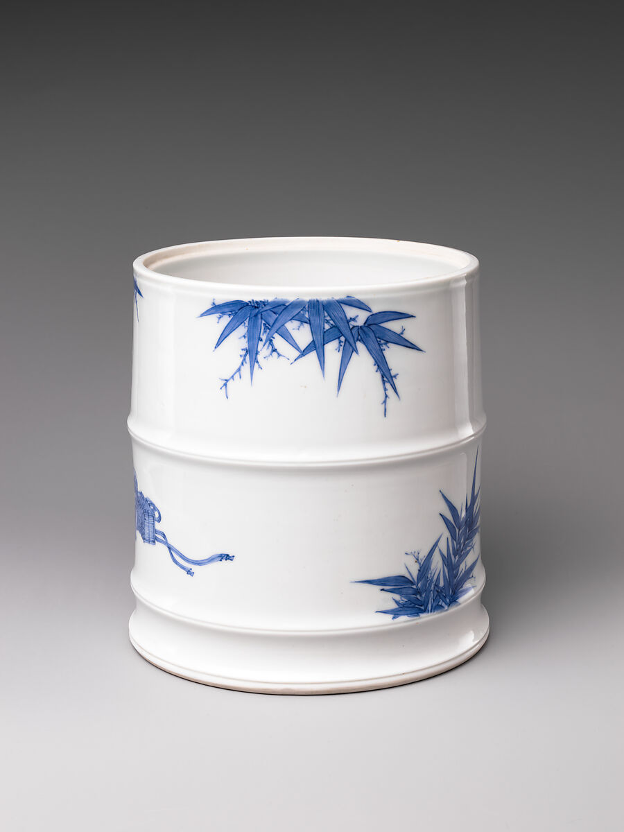 Water Jar (Mizusashi) with the Seven Sages of the Bamboo Grove, Porcelain painted with cobalt blue under a transparent glaze; lacquer cover with porcelain knob (Hirado ware), Japan