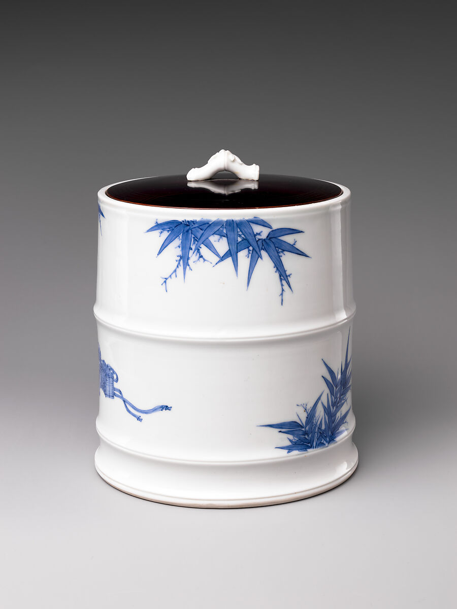 Water Jar (Mizusashi) with the Seven Sages of the Bamboo Grove, Porcelain painted with cobalt blue under a transparent glaze; lacquer cover with porcelain knob (Hirado ware), Japan