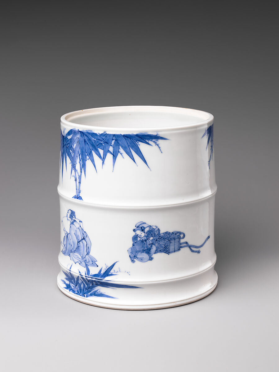 Water Jar (Mizusashi) with the Seven Sages of the Bamboo Grove, Porcelain painted with cobalt blue under a transparent glaze; lacquer cover with porcelain knob (Hirado ware), Japan