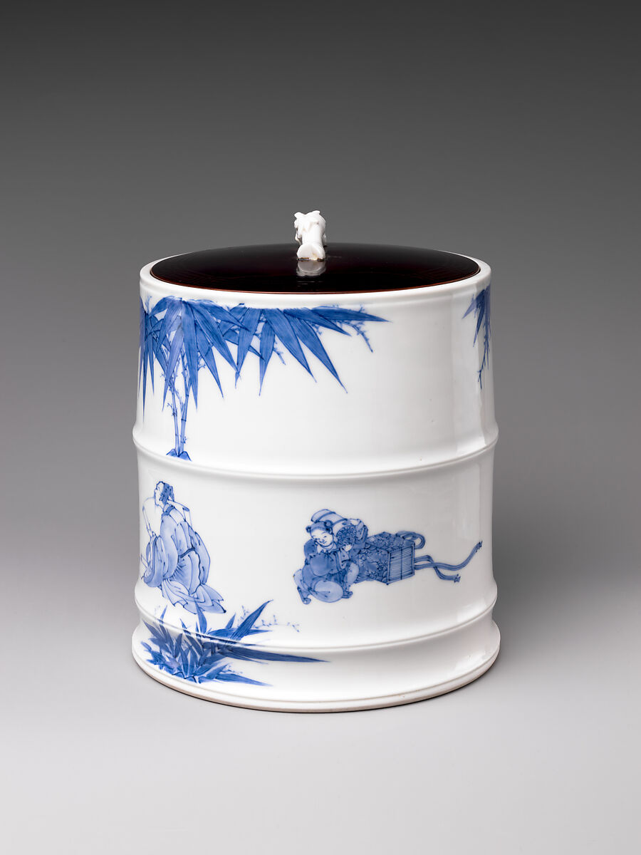 Water Jar (Mizusashi) with the Seven Sages of the Bamboo Grove, Porcelain painted with cobalt blue under a transparent glaze; lacquer cover with porcelain knob (Hirado ware), Japan