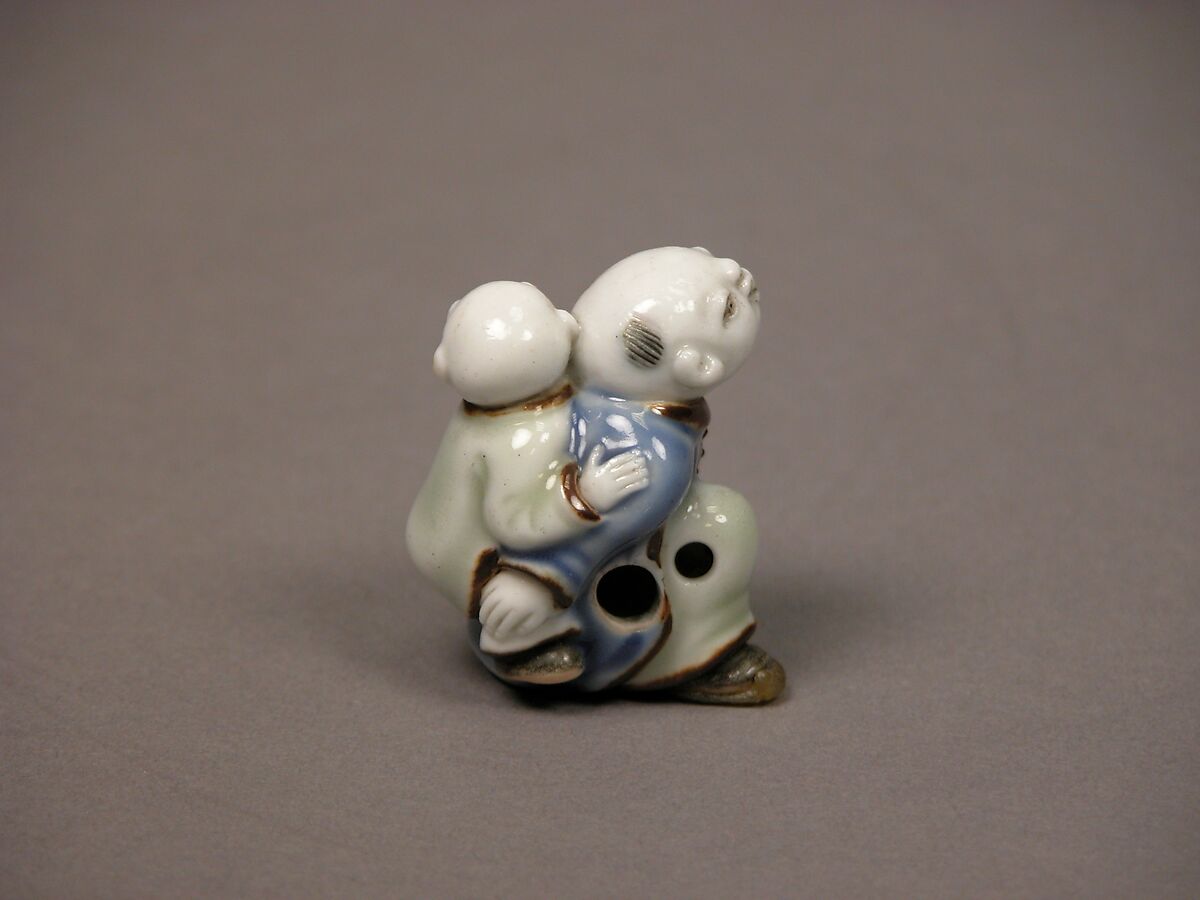 Child Carrying an Infant Netsuke, Porcelain with underglaze blue and overglaze enamels (Hirado ware), Japan