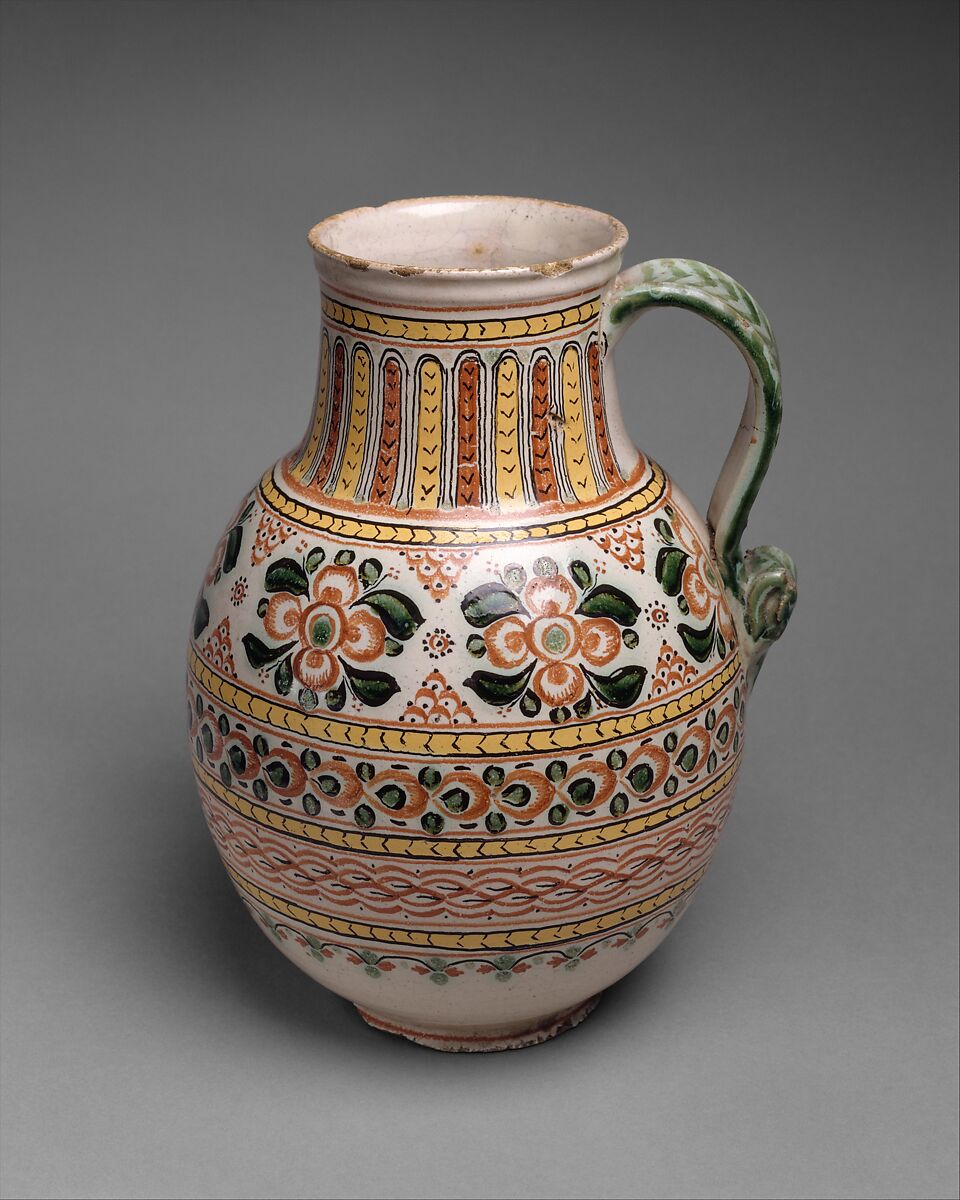 Jar with crolled handle and horizontal bands of floral polychrome motifs, Tin and lead glazed earthenware, Mexican 
